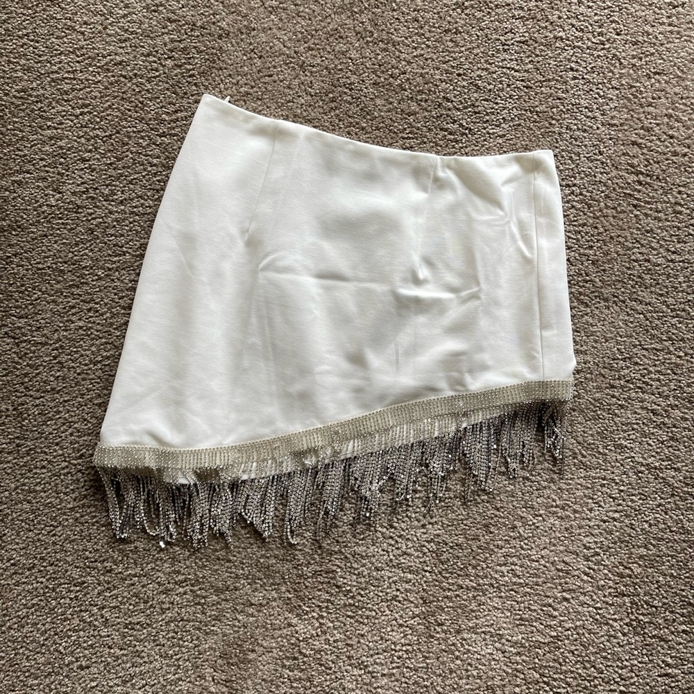 Meshki Priscilla Diamanté White Fringe Mini Skirt